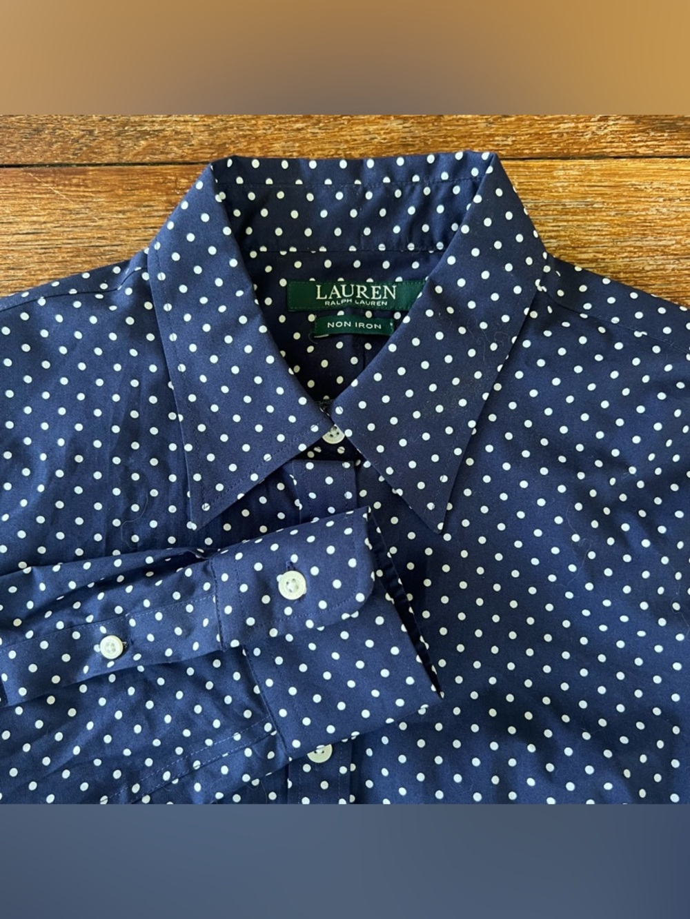 Lauren Ralph Lauren Women’s Blouse Shirt Button Down Navy White Polka Dots Small